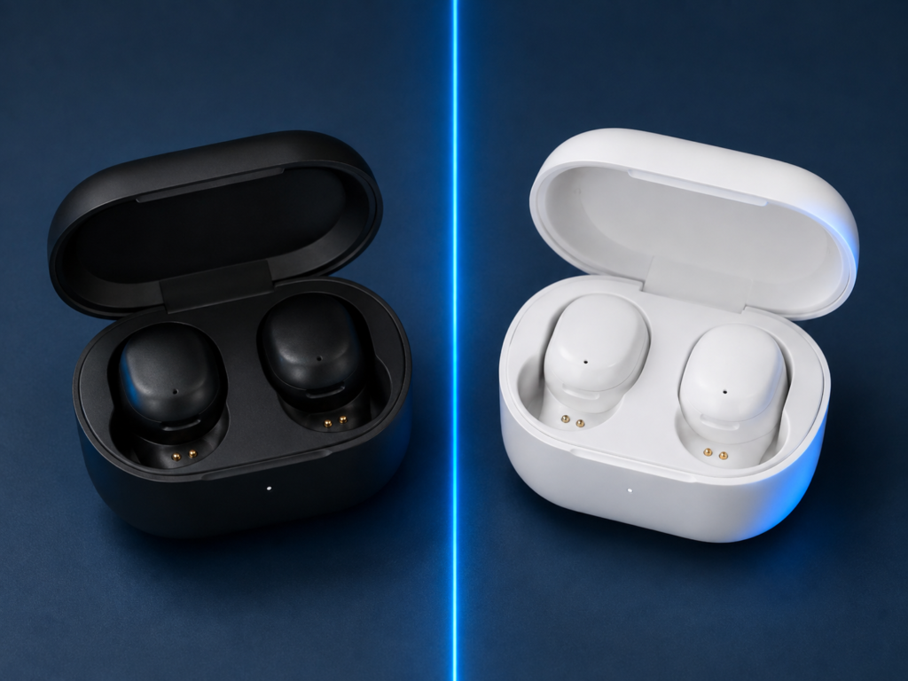 Comparação visual do Soundcore P30i e QCY T13 ANC, dois fones Bluetooth lado a lado